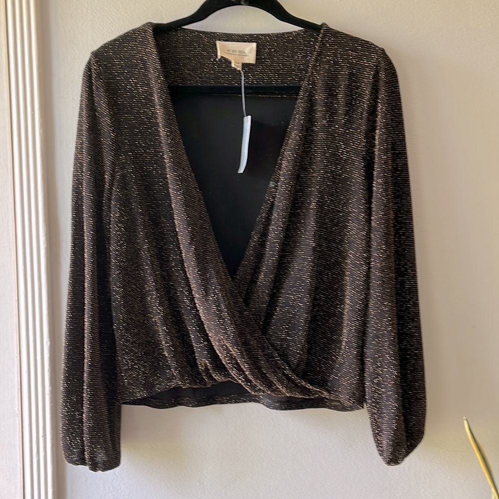 NWT! Anthropologie•If By Sea•Gold Lamé Wrap Front Blouse•sz XSP